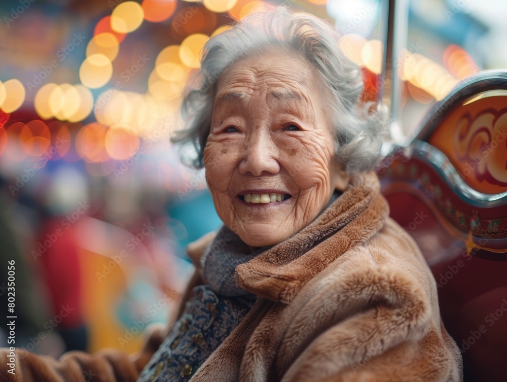 Joyful senior operson  on carousel ride,  Elderly woman with glasses laughing on a merry-go-round with a woman in the background smiling