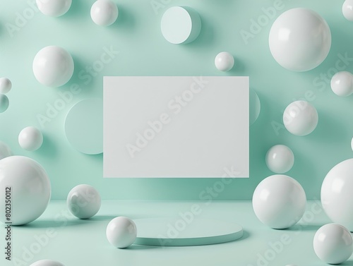 3D rendered image of a white card mockup in a front view flying among coral and white spheres with a design centered on gentle rounded forms.