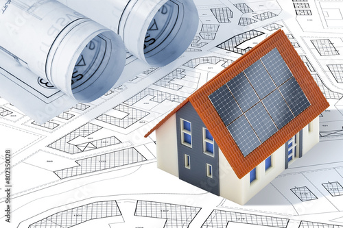 Photovoltaic system installation on a residential building - Building permit concept with home model and imaginary cadastral map