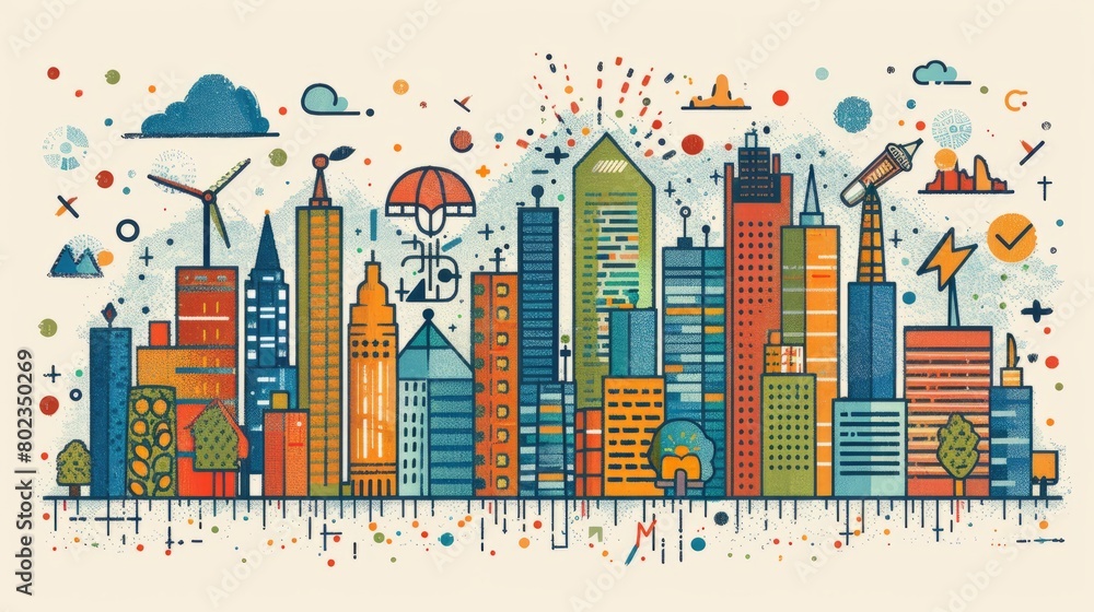 A digital illustration of a cityscape with various buildings, trees, and other urban elements. The image has a colorful, cartoonish style and is drawn with simple lines and shapes.