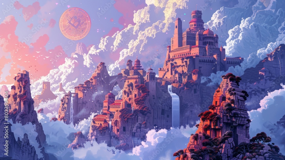 A digital painting of a fantasy landscape with floating islands, waterfalls, and a large castle. The sky is a gradient of purple and pink, and the clouds are white and fluffy.