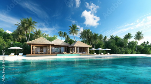 Secret Tropical Island, Luxurious Villas on Turquoise Sea Shore © Mars0hod