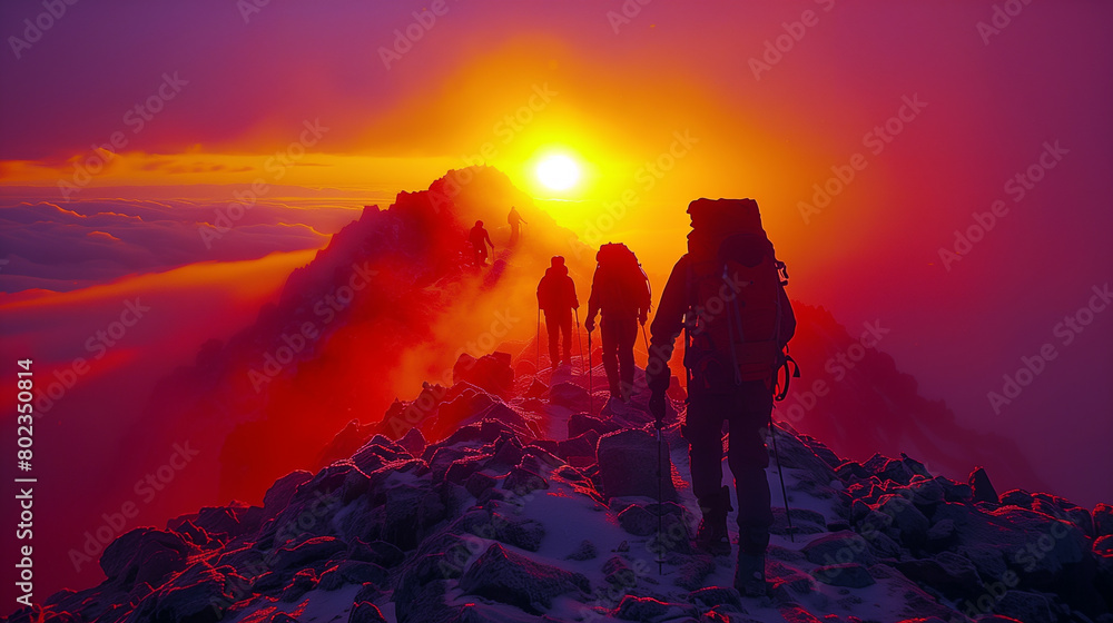 People in silhouette walking together to get to the top of a mountain during the sunset. 