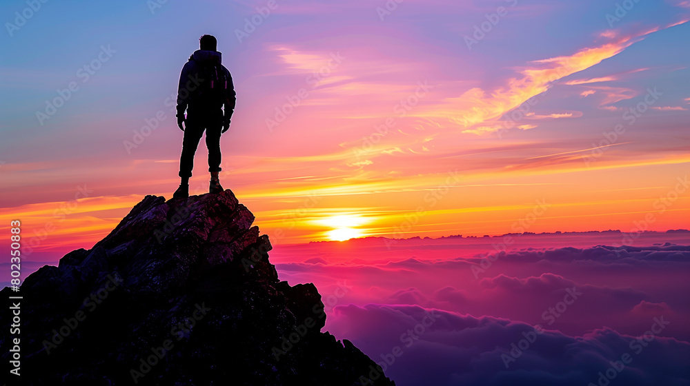 Obraz premium A person in silhouette on the top of a peak looking at the sky.