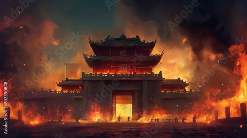 Massive fire engulfs an ancient Chinese city wall, emitting smoke and flames over tall buildings in the city photo