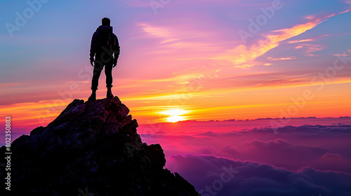 A person in silhouette on the top of a peak looking at the sky. 