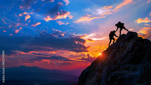 Silhouette of a person helping another person to climb the top of a peak.