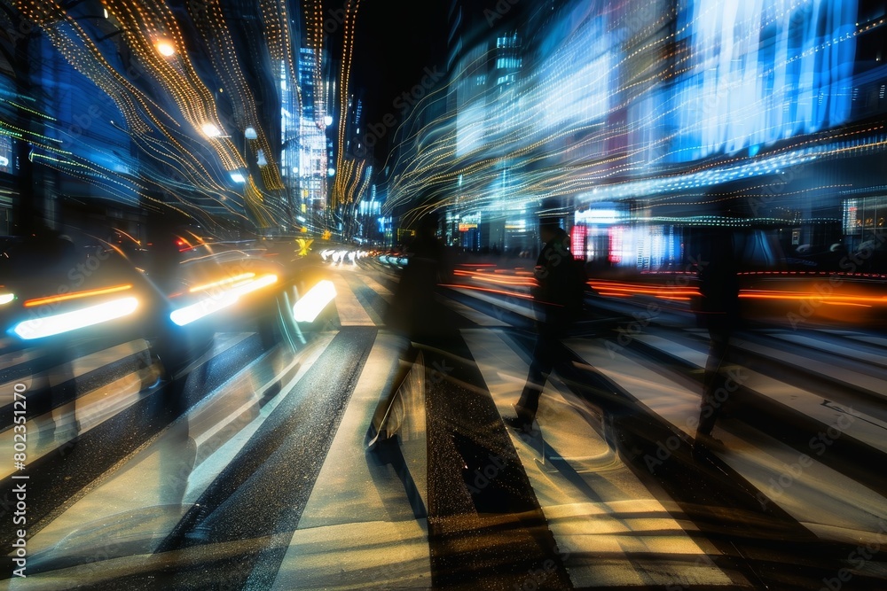 Many people on a zebra crossing a road with motion blur of a long time exposure. Many people on a zebra crossing a road with motion blur of a long time exposure.