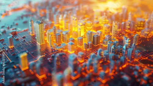 A glowing city made of orange and yellow lights.