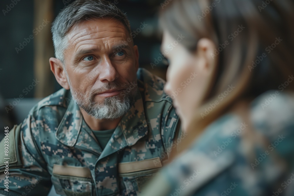 Veteran male instructs novice female soldier within confines of military base. Elderly military soldier imparts experience young recruit. Concept of army mentorship