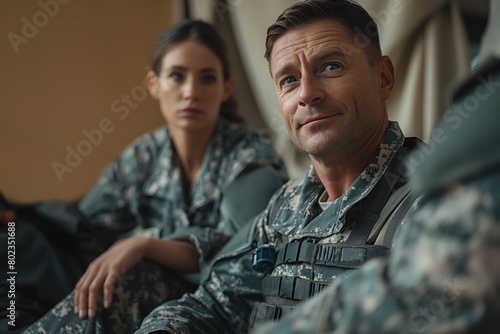 Middle aged military man communicates with recruits at military base during military exercise. Female recruit listens. Concept army life photo
