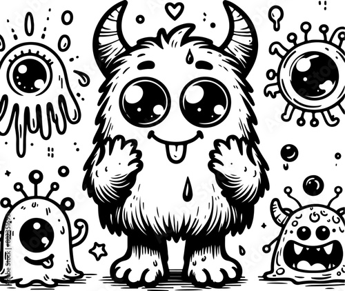 Cute little monster black outline vector illustration. Coloring books for kids.