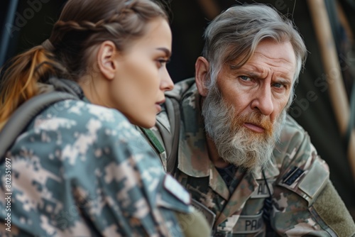 Experienced veteran soldier mentors young female soldier in military camp. Military man passes experience to young soldier. Military mentorship concept