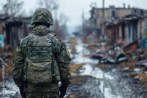 Soldier in military uniform walks war torn territory. Military man with a weapon, against the backdrop sad landscape, rear view. Concept of war destruction © ArtMajestic