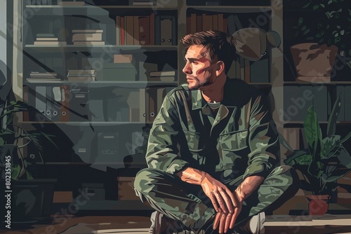 Soldier sits on floor in room near window. Military man in military uniform looks out window against backdrop of bookcase, experiencing psychological problems. Concept of PTSD in soldiers