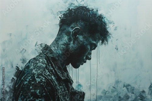 Military men sad with psychological trauma received during fighting. Soldier with PTSD lowered head and closed eyes. Concept PTSD in veterans