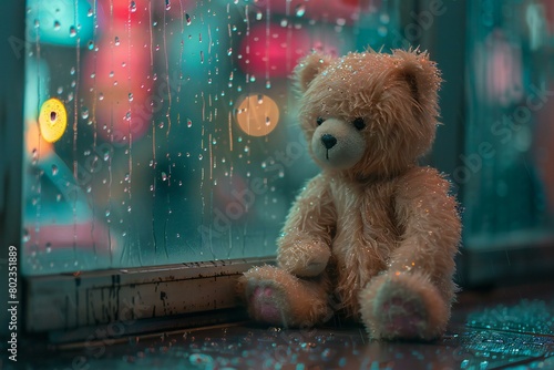 Teddy bear sitting on the windowsill with rain drops and blurred background