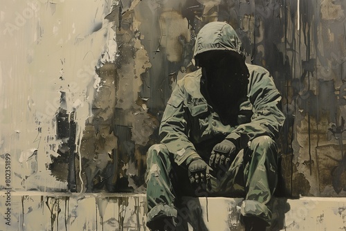 Soldier in military uniform and helmet sits sad near destroyed wall, helmet shadow covers face. Military man with psychological trauma and PTSD. Concept psychological trauma, PTSD in soldiers