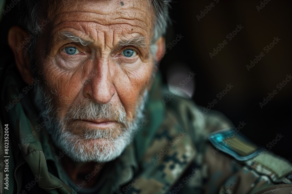 Obraz premium Elderly veteran soldier in uniform recalls traumatic military events. Portrait of caucasian soldier 60s, close up with space for text