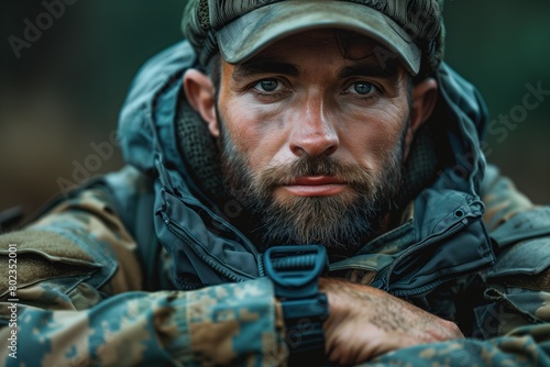 Soldier in military uniform looks straight, 35s caucasian military man, with beard. Army concept photo
