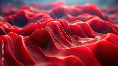 Three dimensional render of red wavy pattern. Red waves abstract background texture