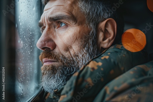 Bearded military man with PTSD sad looking at rain. Soldier with psychological trauma sadly looks at street through wet glass, remembering hardships of war, face close up. Concept of PTSD in soldiers