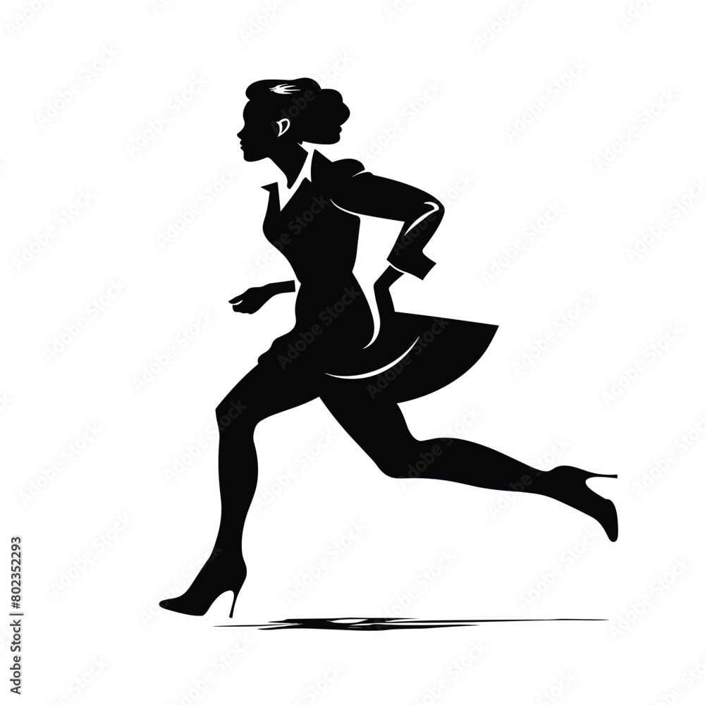 Woman with dress running flat black and white silhouette vector illustration Woman with dress running flat black and white silhouette vector illustration