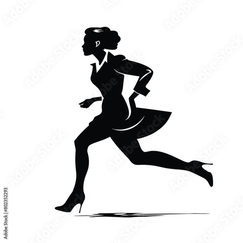 Woman with dress running flat black and white silhouette vector illustration