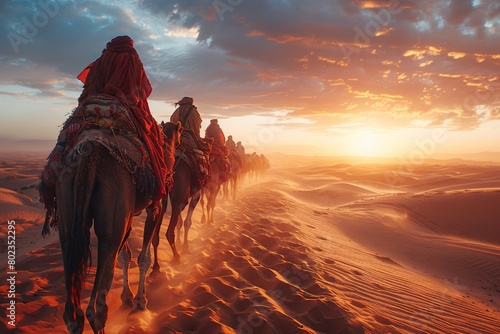 A Sahara desert adventure at sunset, with a camel caravan carrying tourists through the scenic landscape.