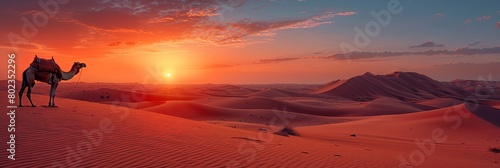 A scenic desert landscape at sunset, with sand dunes stretching into the horizon under the orange sky.