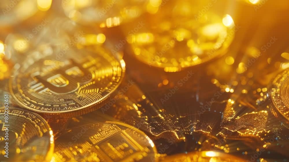 Bitcoin coins background with light rays close up Bitcoin coins background with light rays close up