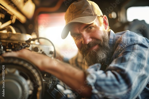 a cheerful mechanic with a beard and a baseball cap, working on a large truck engine.
