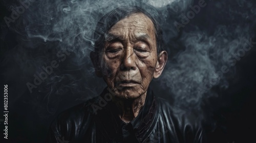 Old Chinese Man with Brown Straight Hair Goth style Illustration.