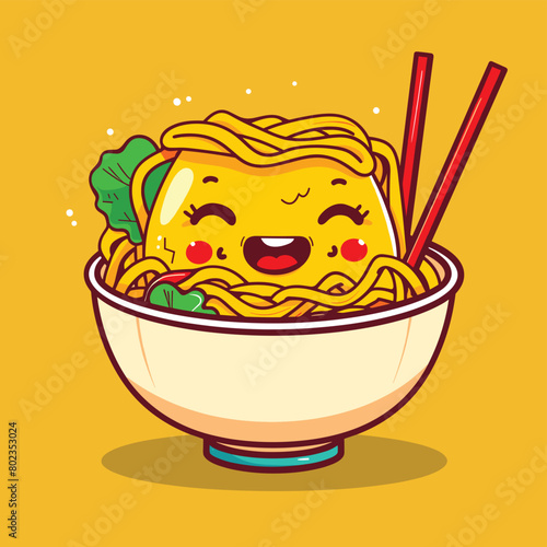 Happy cartoon bowl of noodles with chopsticks on a yellow background.