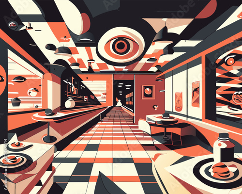 optical hypnotic perspective art of cafe items and fast foods and pissas and indoor a cafe, vector photo