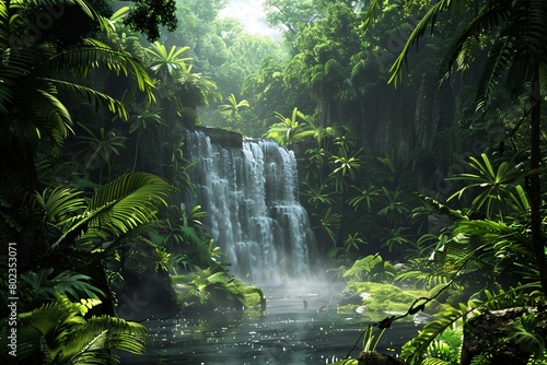 tropical rainforest river landscape with waterfall