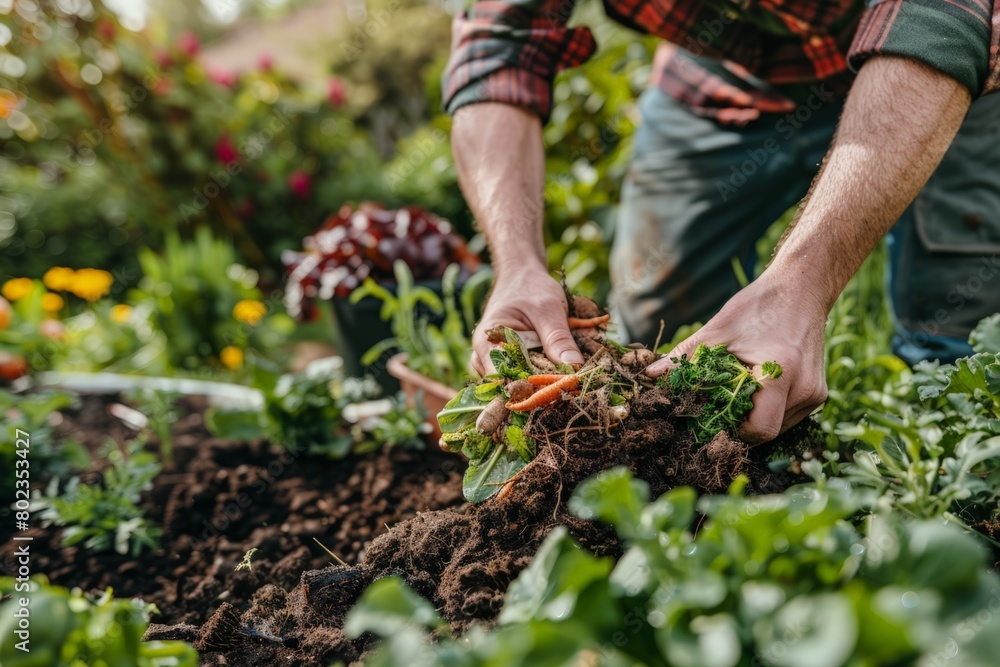 A serene garden corner dedicated to composting, with a rustic wooden bin full of compostable material A serene garden corner dedicated to composting, with a rustic wooden bin full of compostable material