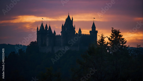 Mysterious silhouette of a towering dark castle against a twilight sky.