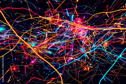 A chaotic jumble of neon lines and shapes on a jet-black background, simulating the vibrant energy of a city at night seen through an abstract lens. photo