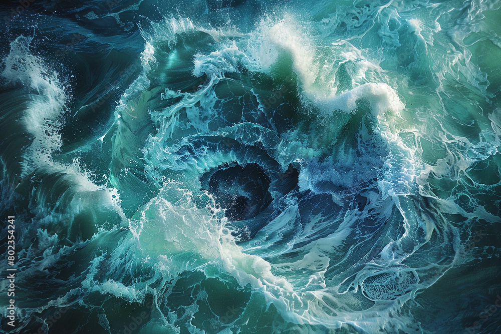 A chaotic swirl of electric blues and greens, capturing the turbulent beauty of a stormy sea, with waves clashing and foam splashing.