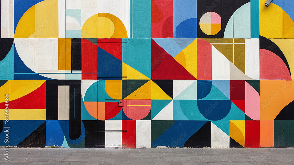 A geometric mural blending vibrant hues with intricate patterns.