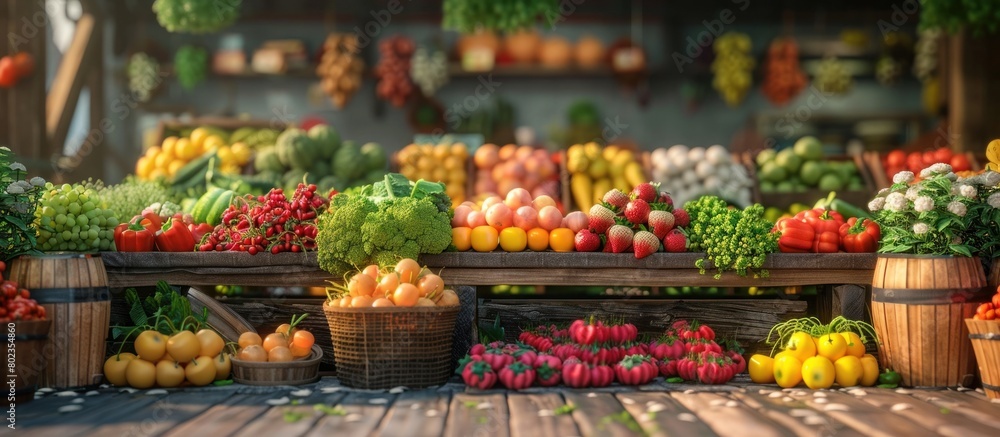 Vibrant D Rendering of a Farmers Market Vendor Showcasing Fresh and Colorful Produce