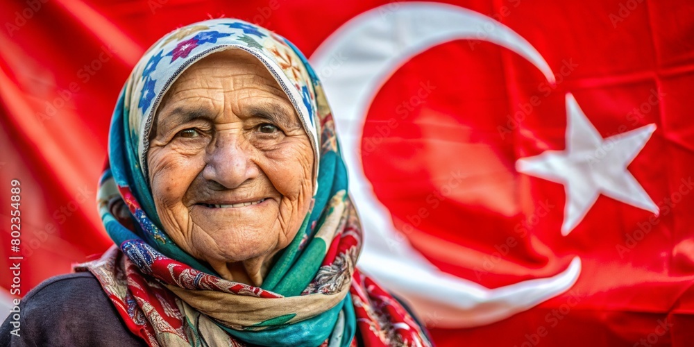 On August 30, Victory Day in Turkey, Zafer Bayrami, large portrait of beautiful Turkish smiling happy senior woman on background of Turkish flag. concept is a public holiday, patriotism, copy space