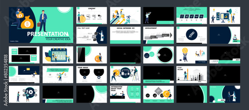 Vector illustration. Set of powerpoint, business presentations, currency circulation, buying dollars, euro. Infographic design template, blue, black elements. A team of people creates a business