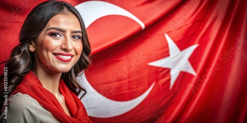 On August 30, Victory Day in Turkey, Zafer Bayrami, a large portrait of a beautiful Turkish young smiling happy woman on the background of the Turkish flag. The concept is a public holiday, a vacation