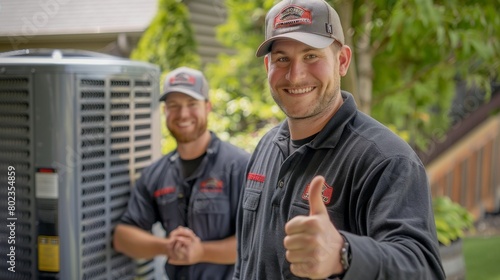 two cheerful HVAC technicians, one in the foreground giving a thumbs-up to the camera with a proud smile © antusher