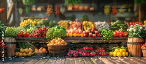 Vibrant D Rendering of a Farmers Market Vendor Showcasing Fresh and Colorful Produce photo