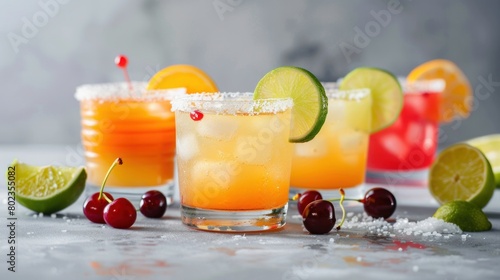 Lime margarita  orange margarita and cherry margarita cocktail mix in salt rimmed glasses garnished with slices of lime  orange and cherries. Selective focus on the lime slice