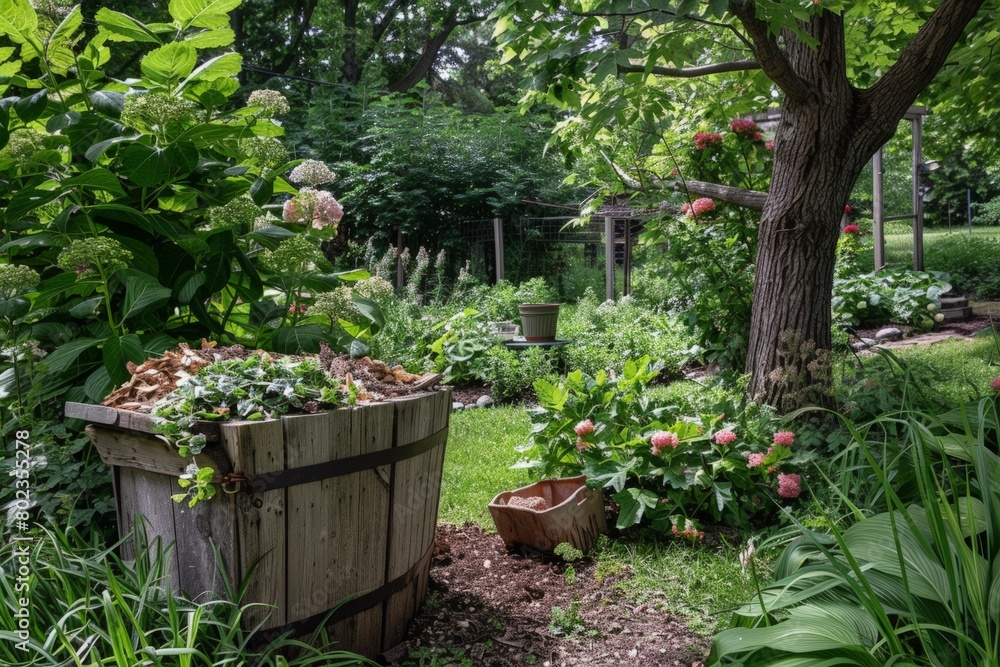 Lush garden with composting bin at corner Lush garden with composting bin at corner
