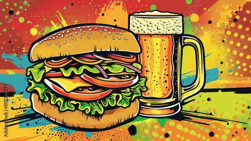Wallpaper Mural Pop art Sandwich and beer. Colorful background in pop art retro comic style. Snack food Torontodigital.ca